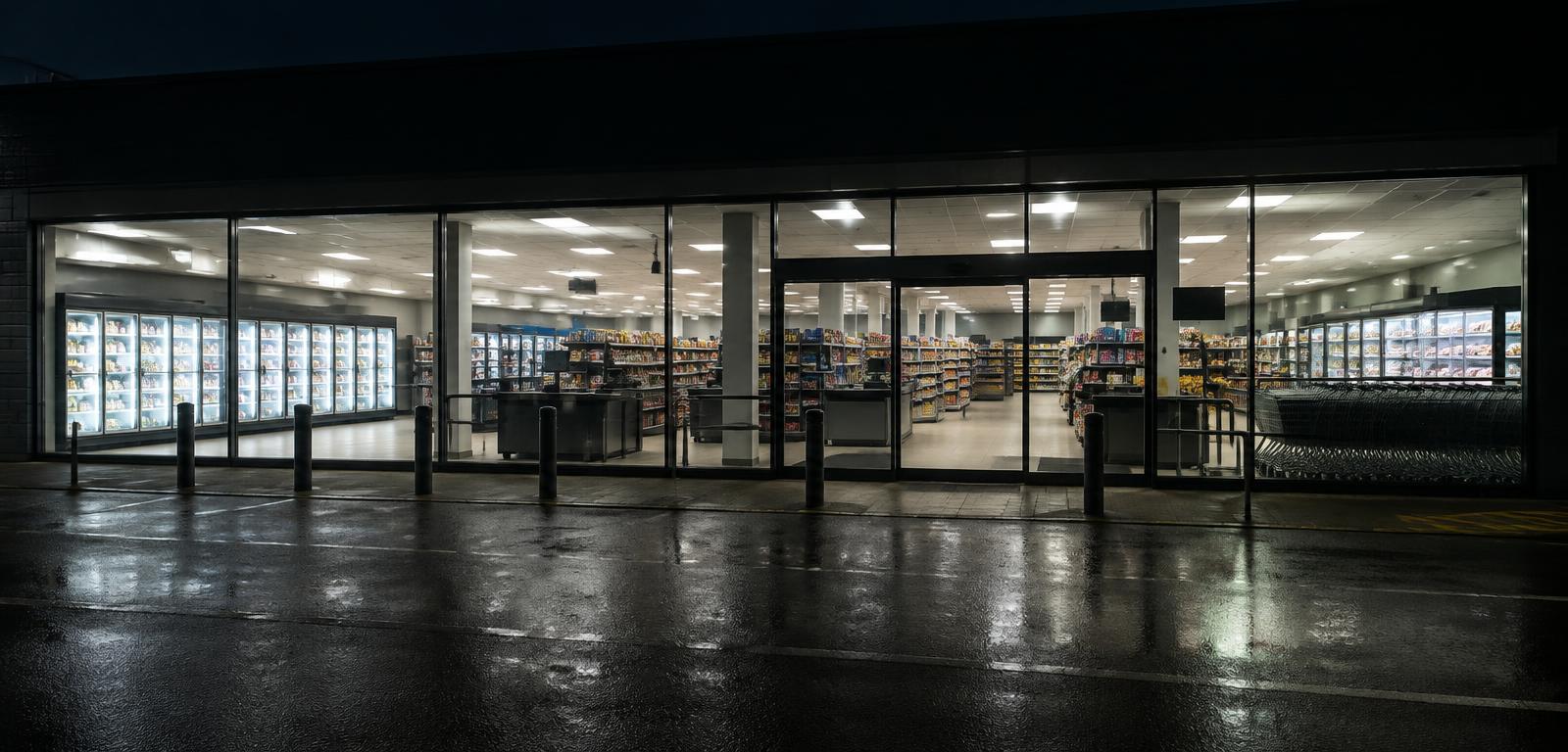 Closed supermarket at night with lights and fridges still on